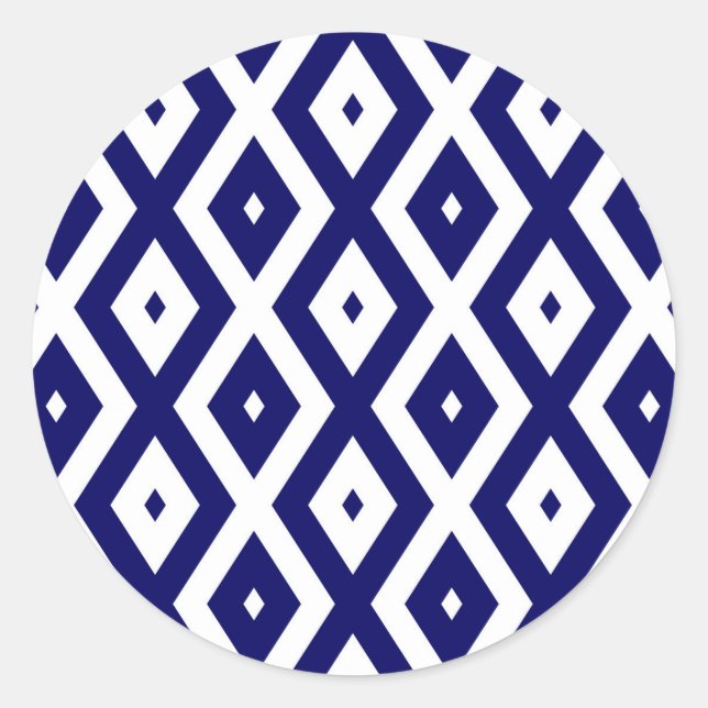Navy blue and white diamond pattern classic round sticker (Front)