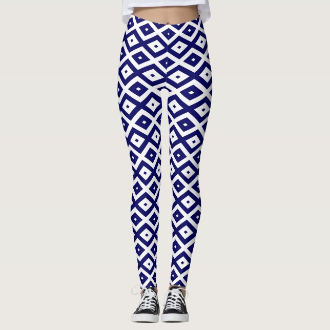 Navy blue and white diamond pattern leggings (Front)