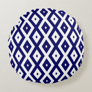 Navy blue and white diamond pattern round cushion