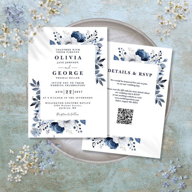 Navy Blue and White Elegant Floral QR Code Wedding Invitation (Navy Blue and White Elegant Floral QR Code Wedding Invitation)