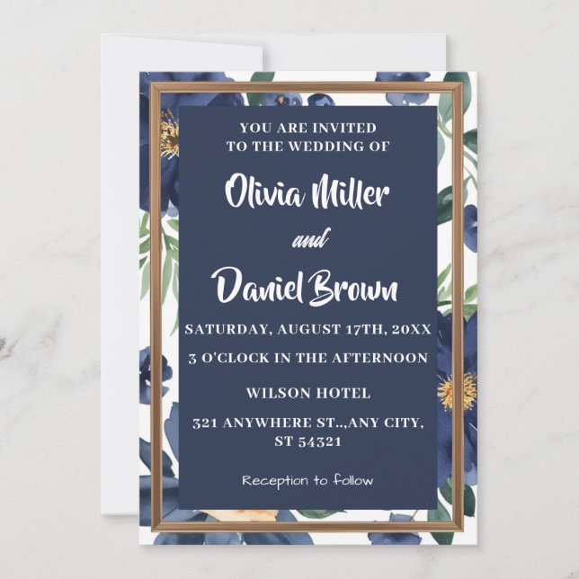 Navy Blue and white Elegant Floral Wedding Invitation (Front)