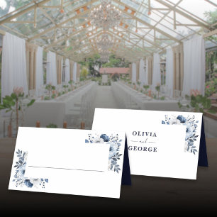 Navy Blue and White Elegant Floral Wedding Place Card