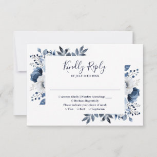 Navy Blue And White Elegant Floral Wedding RSVP Card