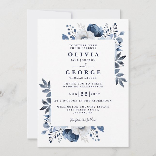 Navy Blue And White Elegant Modern Floral Wedding Invitation (Front)