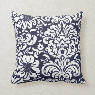 Navy Blue and White Floral Damask Cushion