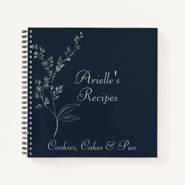 Navy Blue and White Floral Spiral Notebook (Front)