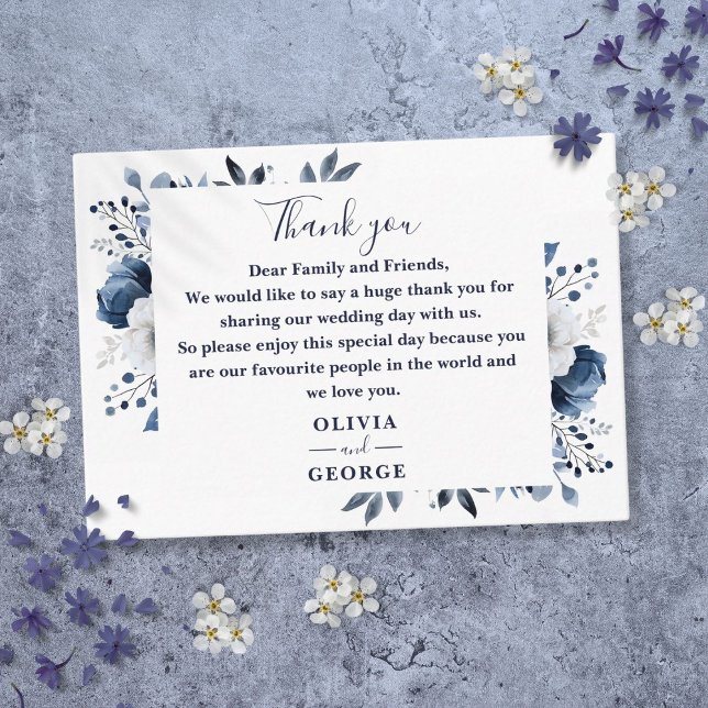 Navy Blue And White Floral Wedding Thank You Place Card (Navy Blue And White Floral Wedding Thank You Place Card)