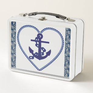 Navy Blue And White Floral, White Metal Lunch Box