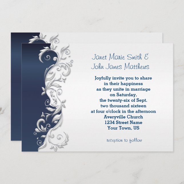Navy Blue and White  Florid Wedding Invitation (Front/Back)