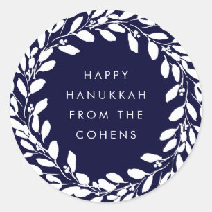 Navy Blue and White Foliage Wreath Happy Hanukkah Classic Round Sticker