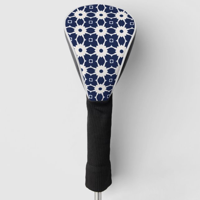 Navy Blue and White Geometric Floral Golf Head Cover (Front)
