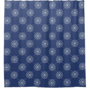 Navy Blue and White Geometric Floral Pattern Shower Curtain