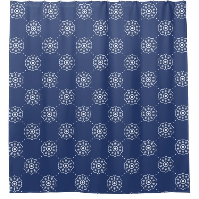 Navy Blue and White Geometric Floral Pattern Shower Curtain (Front)