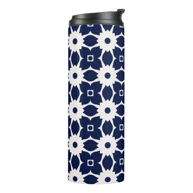 Navy Blue and White Geometric Floral Thermal Tumbler (Rotated Left)