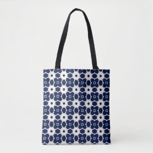 Navy Blue and White Geometric Floral Tote Bag