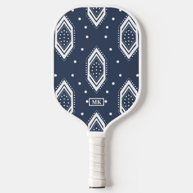 Navy Blue and White Geometric Monogrammed  Pickleball Paddle (Front)