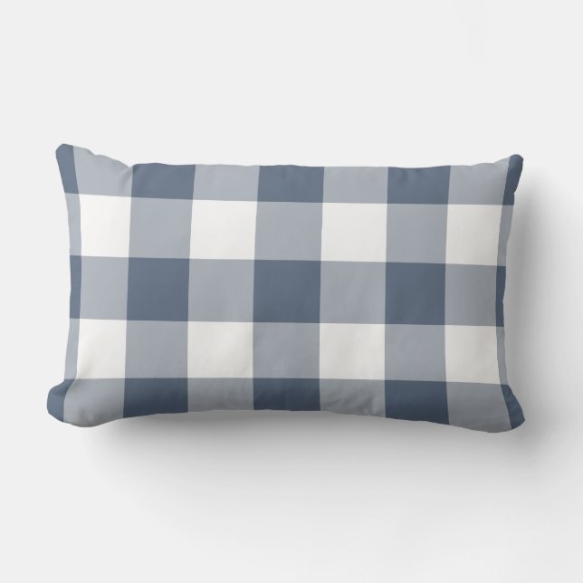 Navy Blue and White Gingham Pattern Lumbar Cushion (Front)