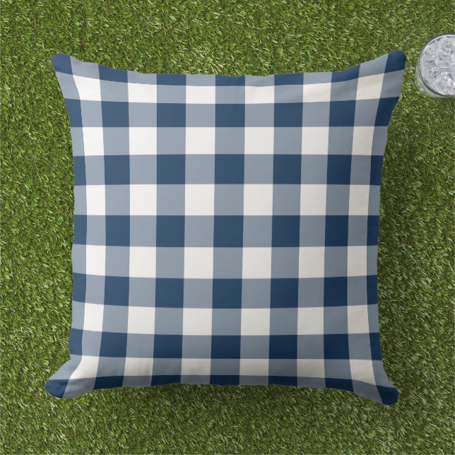 Navy Blue and White Gingham Plaid Pattern Cushion (Grass)