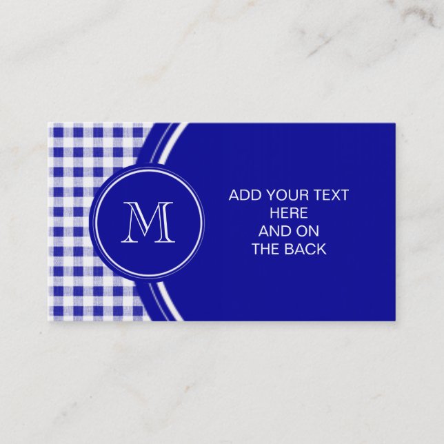 Navy Blue and White Gingham, Your Monogram Business Card (Front)