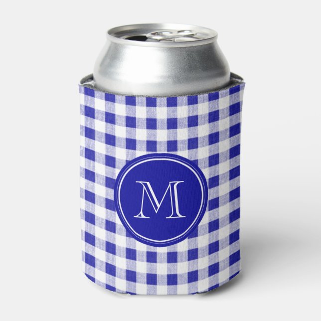 Navy Blue and White Gingham, Your Monogram Can Cooler (Can Front)