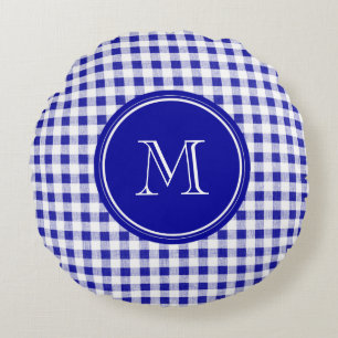 Navy Blue and White Gingham, Your Monogram Round Cushion