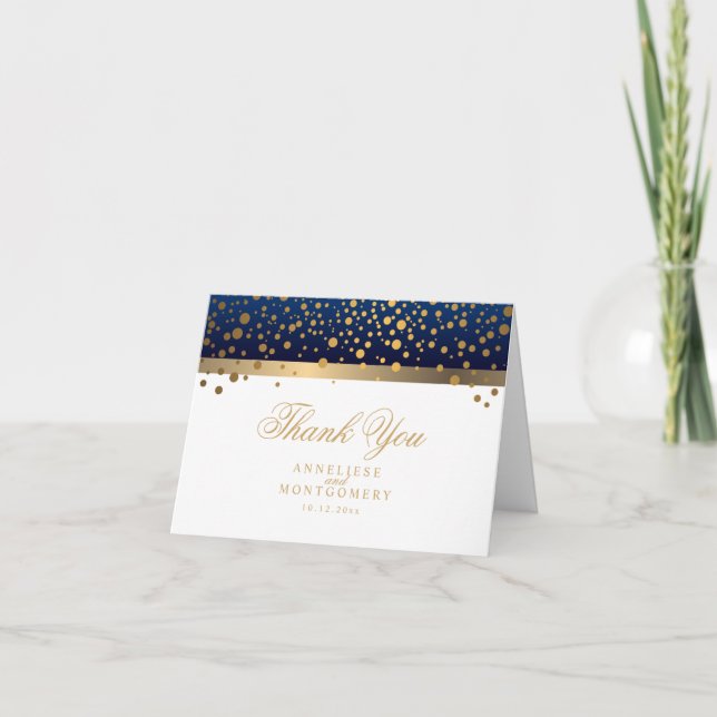 Navy Blue and White Gold Confetti Dots - Thank You Card (Front)