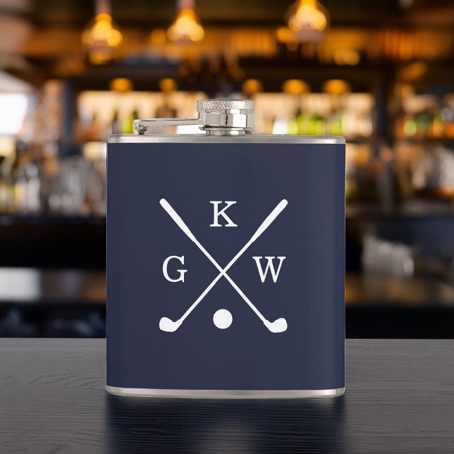 Navy Blue and White Golf Clubs Monogrammed Hip Flask (Creator Uploaded)