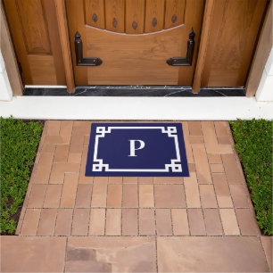 Navy Blue and White Greek Key Border Monogram Doormat