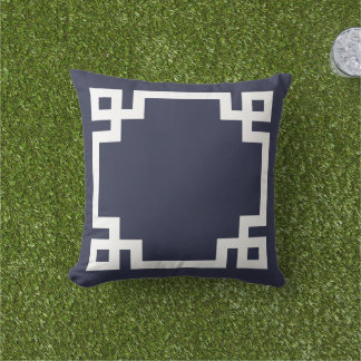 Navy Blue and White Greek Key Border Outdoor Cushion