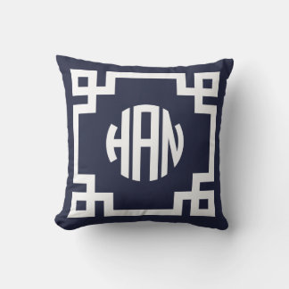 Navy Blue and White Greek Key Circle Monogram HAN Cushion