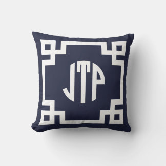 Navy Blue and White Greek Key Circle Monogram JTP Cushion