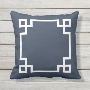 Navy Blue and White Greek Key Cushion