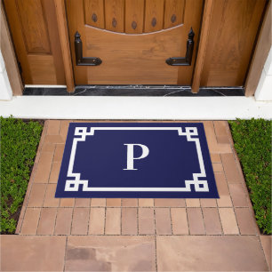 Navy Blue and White Greek Key Frame Monogram Doormat