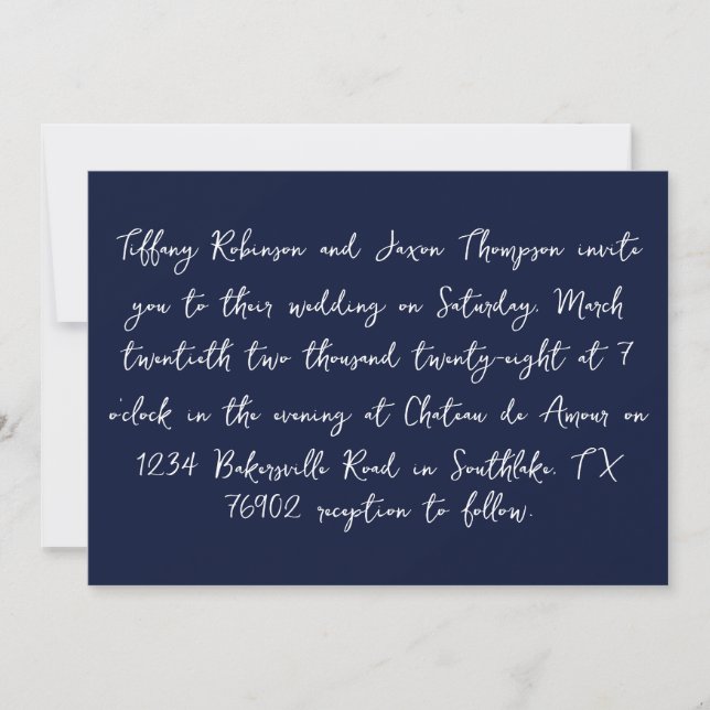 Navy Blue and White Handwriting Style Wedding Invitation (Front)