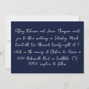 Navy Blue and White Handwriting Style Wedding Invitation