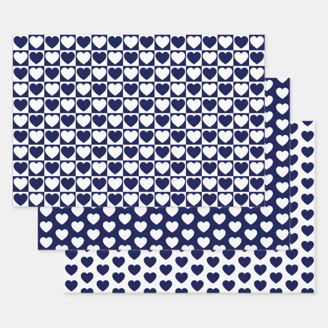 Navy Blue and White Hearts Wrapping Paper Sheet (Set)