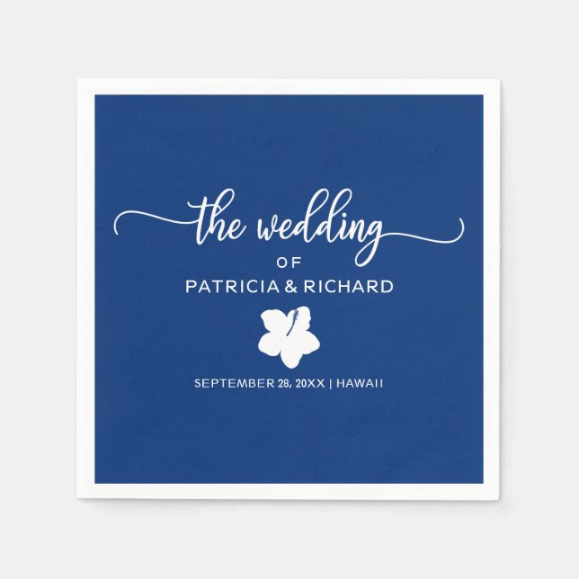Navy Blue and White Hibiscus Destination Wedding Napkin (Front)