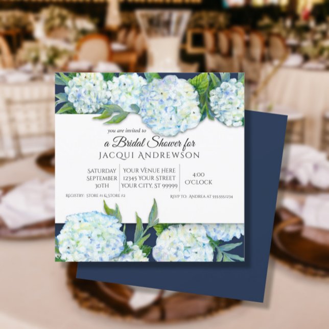 Navy Blue and White Hydrangea Floral Bridal Shower Invitation (Creator Uploaded)