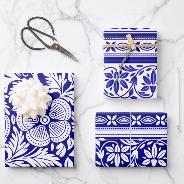 Navy Blue and White Indian Floral Pattern Wrapping Paper Sheet (Front)