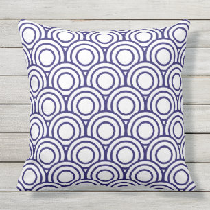 Navy Blue and White Japanese Geometric Circle Outdoor Cushion