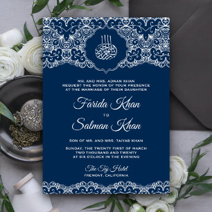 Navy Blue and White Lace Islamic Muslim Wedding Invitation