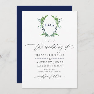Navy Blue and White Laurel Crest Monogram Wedding Invitation