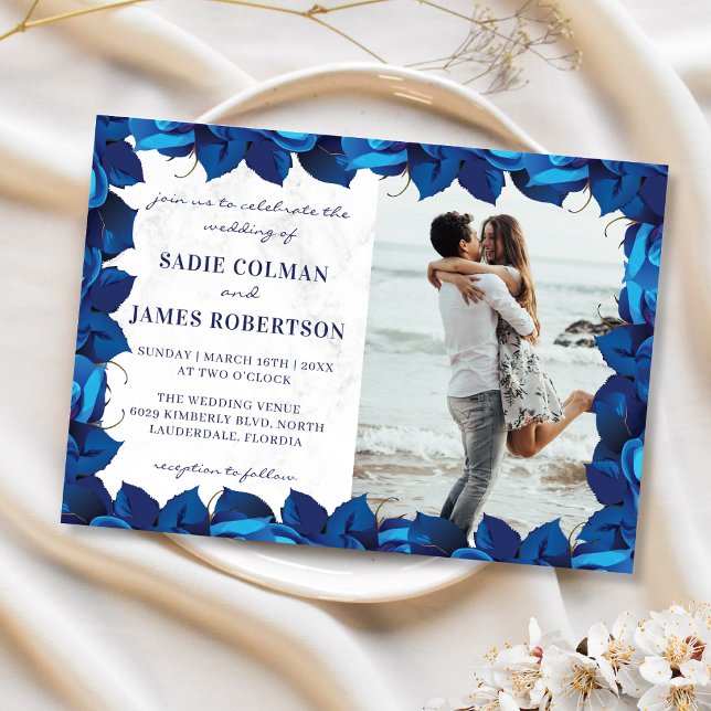 Navy Blue and White Marble Floral Photo Wedding Invitation (Creator Uploaded)