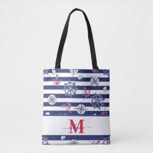 Navy Blue and White Marine Custom Name Tote Bag
