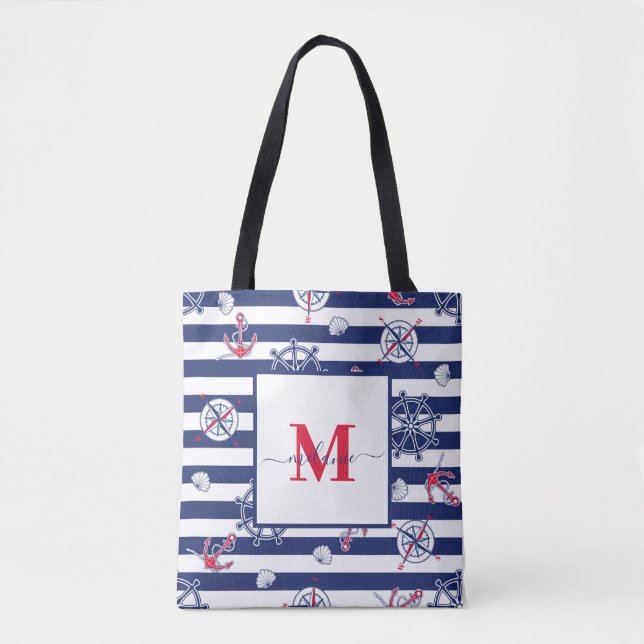 Navy Blue and White Marine Custom Name Tote Bag (Front)