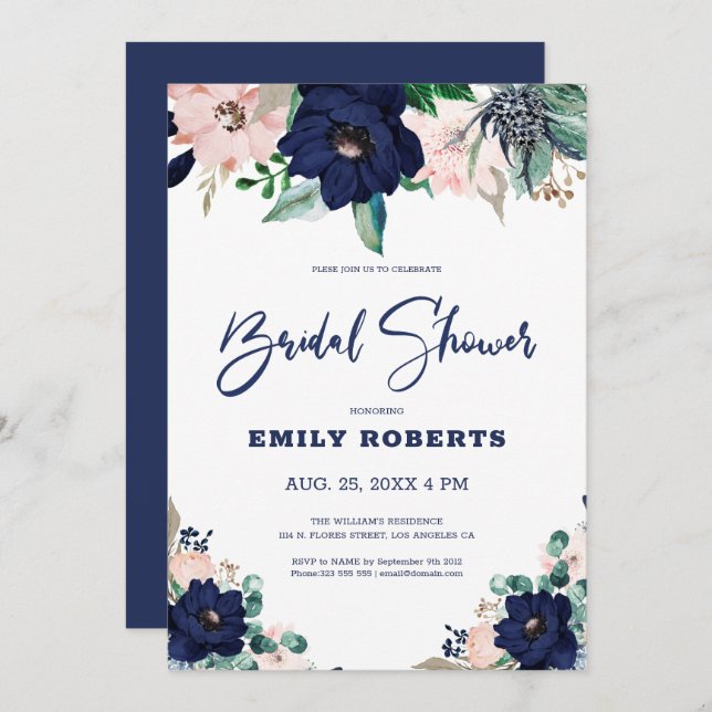 Navy-blue and white marine flowers bloom invitation (Front/Back)