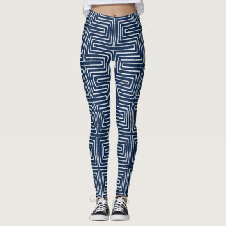 Navy Blue and White Maze African Mud Cloth Leggings