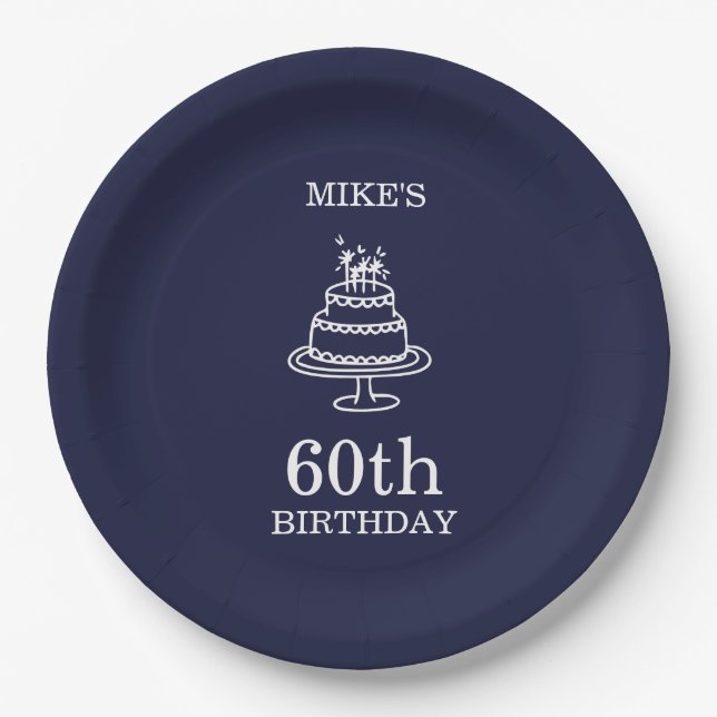 Navy Blue and White Mens Birthday Party  Paper Plate (Front)