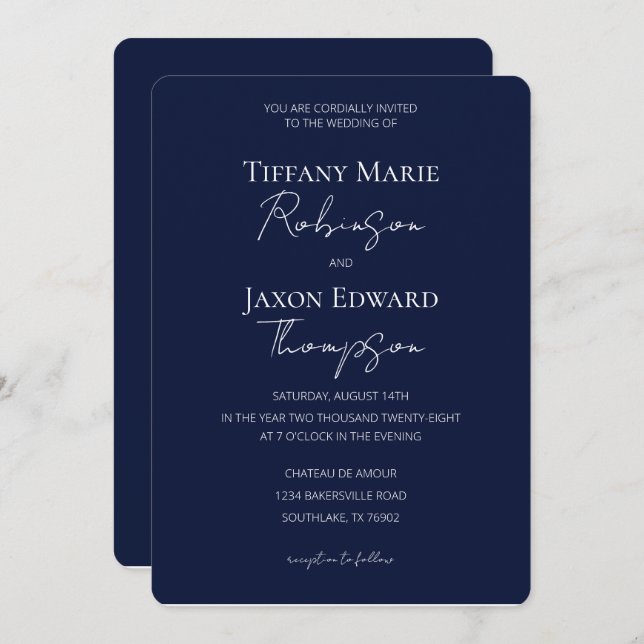 Navy Blue and White Minimalist Elegance Wedding Invitation (Front/Back)