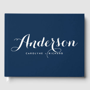 Navy Blue and White Modern Calligraphy Wedding Guest Book